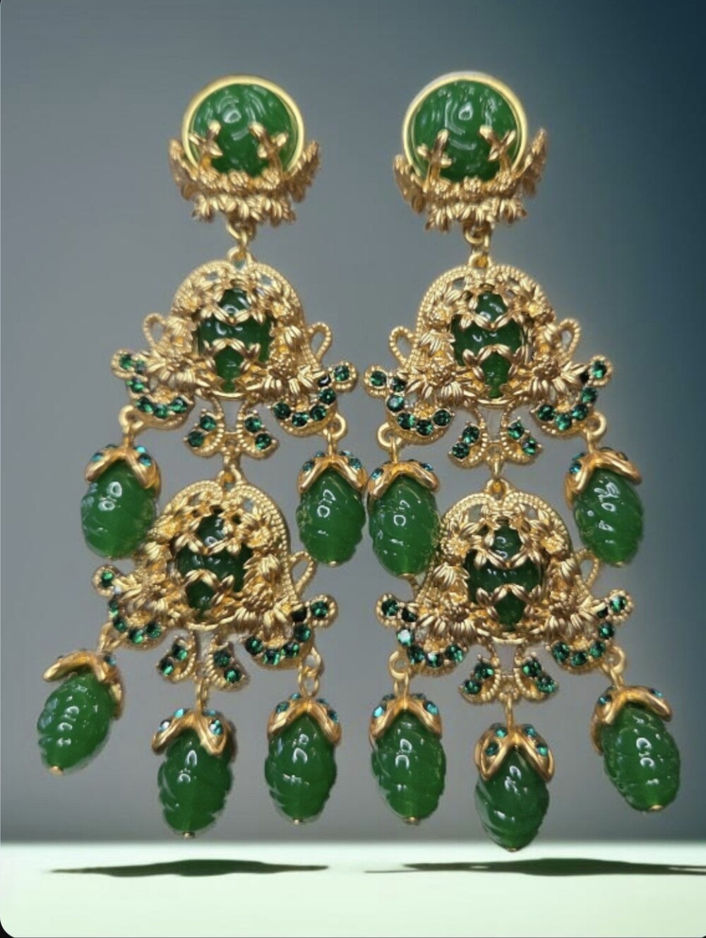 Massive 18k Gold Plated Carved Emerald Lucite Baroque Filigree Crystal Earrings